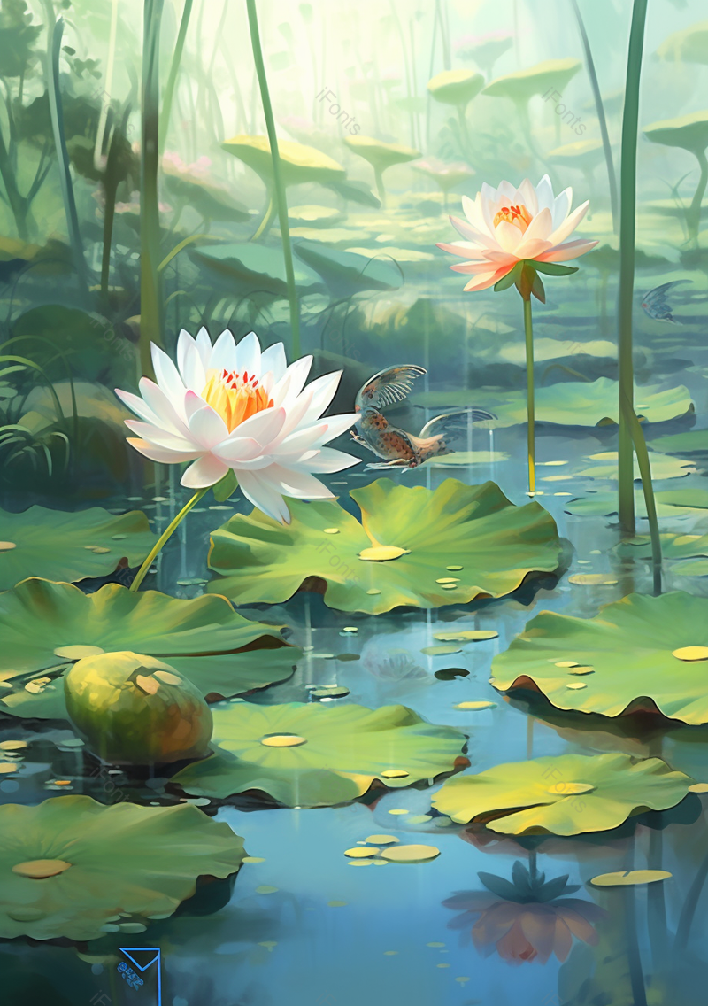 绿色中国风池塘荷叶荷花胡蝶插画,插画/手绘图,插画/手绘图库,插画/手绘图下载,插画/手绘